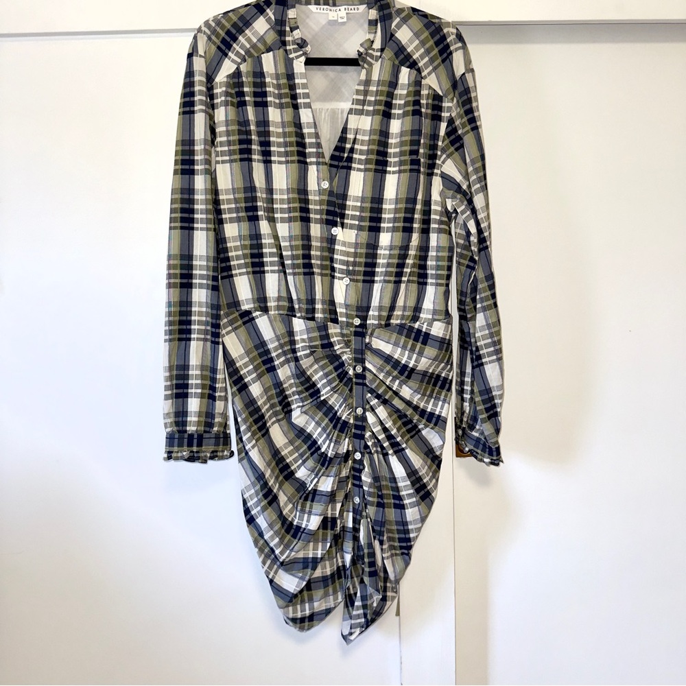 VERONICA BEARD Vilette Plaid Button-Front Ruched Mini Dress Sz 14